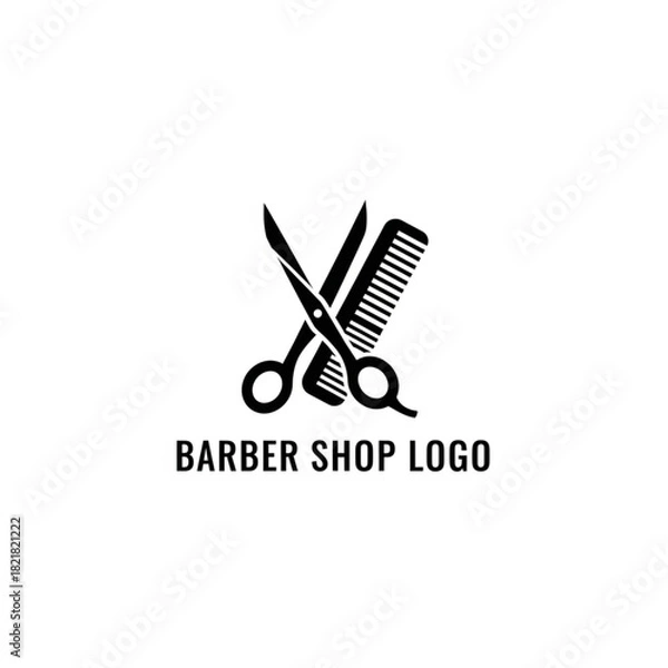 Fototapeta Minimal barber shop scissors and comb logo design