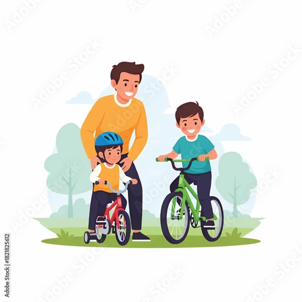 Obraz A father guides two children riding bicycles in a sunny park with trees and green grass under skies