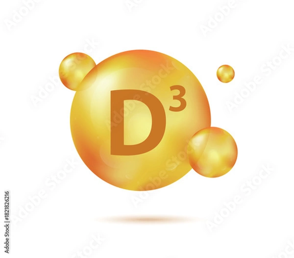 Fototapeta Vitamin D3 gold capsule. Pill capcule vector illustration isolated on white background. Nutrition skin care. Beauty and health vector concept. Cholecalciferol vitamin drop pill capsule.