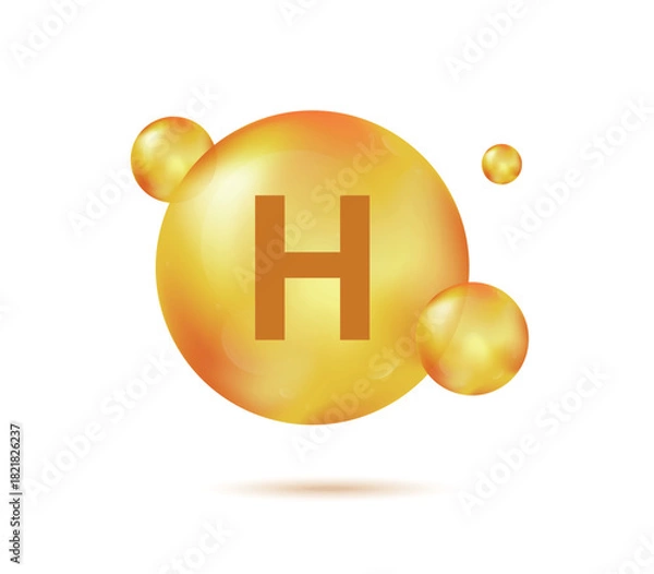 Fototapeta Vitamin H gold capsule. Pill capcule vector illustration isolated on white background. Beauty and health vector concept. Vector illustration