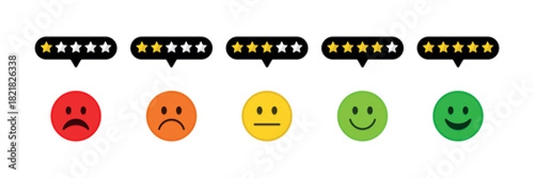 Fototapeta Emoji feedback scale with stars line Icon. Customer's service and evaluation review sign. Angry, sad, neutral and happy emoticon set. Emoticon feedback. Vector illustration