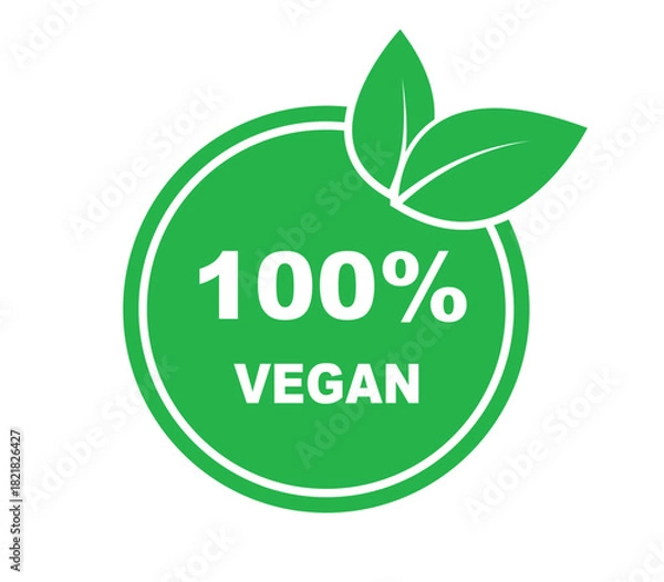 Fototapeta Vegan stamp icon vector logo template. Vegan, no meat, lactose free, healthy, fresh and nonviolent food. Round green vector illustration with leaves for stickers, labels and logos
