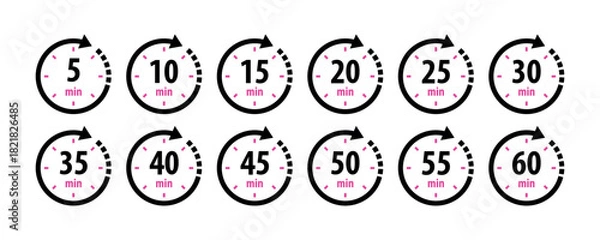 Fototapeta Timer, clock, stopwatch isolated set icons with different time. Countdown timer symbol icon set. Minute timer icons set. Countdown5,10,15,20,25,30,35,40,45,50,55, minutes
