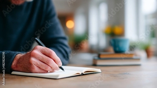 Fototapeta Capturing Creativity: An Intimate Moment of Writing in a Cozy Workspace with a Notebook and Pen Amidst a Serene Background