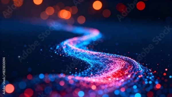 Fototapeta Abstract Luminous Flowing River of Data Particles with Neon Blue and Red Bokeh