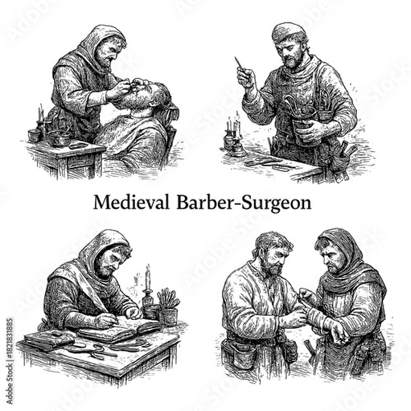 Obraz Medieval Barber-Surgeon Performing Medical Procedures, Vintage Engraved Style, Transparent Background