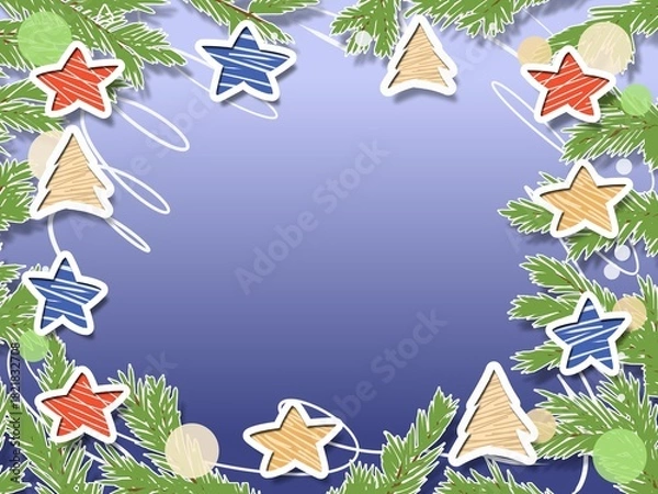 Obraz New Year's frame made of fir branches with stars and balls.