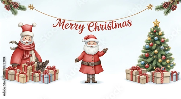 Fototapeta Merry Christmas scene with Santa Claus figures, gifts, and decorated tree creates festive mood. Merry Christmas illustration showcasing celebratory theme of the gifts and festive decorations.