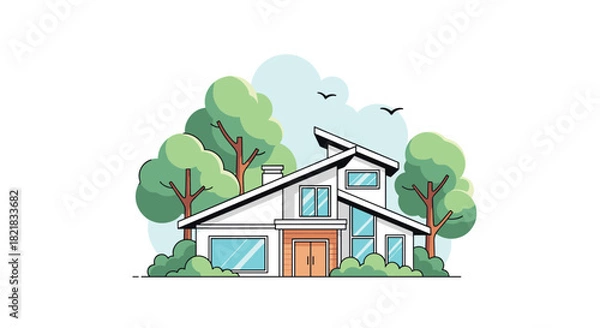 Fototapeta Vector illustration of a stylish modern family house with large windows nestled among green trees and bushes in nature.