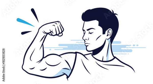 Fototapeta Strong man flexing his powerful bicep muscle in a blue and white line art style showing fitness and physical strength.