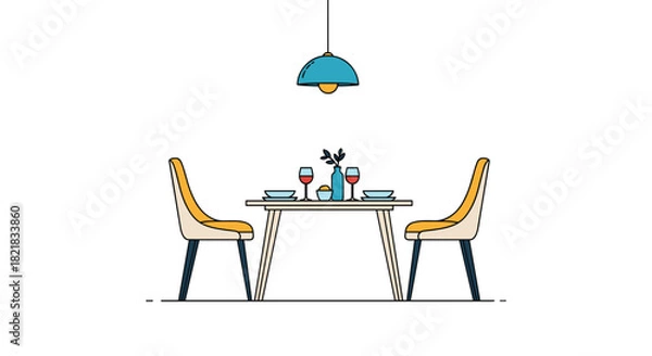 Fototapeta Minimalist illustration of a dining room interior with a table set for a romantic dinner for two with wine glasses.