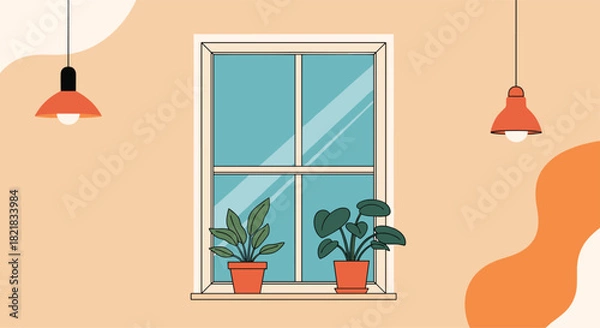 Fototapeta Cozy room interior scene with two green potted plants sitting on a windowsill between two hanging lamps with orange shades.