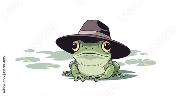 Fototapeta Cute green frog character wearing a stylish brown fedora hat sitting on a lily pad in a pond on a white background.