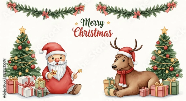 Fototapeta Merry Christmas greeting featuring Santa Claus and a dog dressed as reindeer, creating festive cheer. Merry Christmas elements, including decorated trees and wrapped presents, enhance holiday spirit.