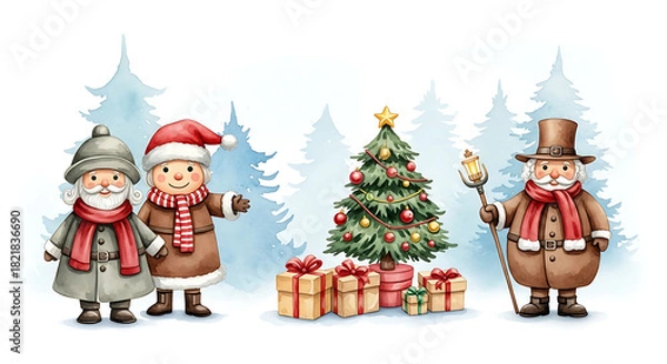 Obraz Christmas watercolor background presents charming Christmas scene, Christmas decorations, and holiday spirit. Christmas watercolor background includes Christmas tree with presents,