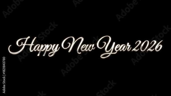 Obraz Happy new year 2026 image in silver lettering against a black background. Perfect for new years eve party invitations or social media posts.