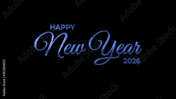 Obraz Vibrant image of 'Happy New Year 2026'. Blue text on black background.Great for holiday themed social media content, digital ads, and festive promotions.
Includes alpha channel.
