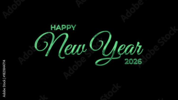 Obraz Cheerful image of 'Happy New Year 2026'.Green text on black background. Suitable for holiday email campaigns, digital greetings,
and social media posts. Alpha channel for easy application.