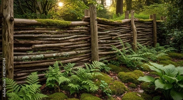 Fototapeta Rustic wattle fence with moss covering it and lush green fern plant. Natural outdoor garden partition design for nature background or gardening.