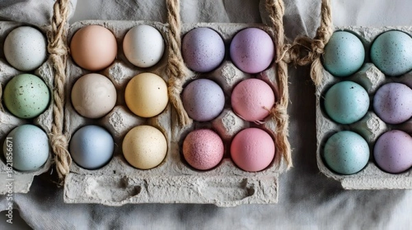 Obraz Beautiful flat lay of pastel colored egg cartons featuring handwritten farm codes set against a linen backdrop with soft daylight.