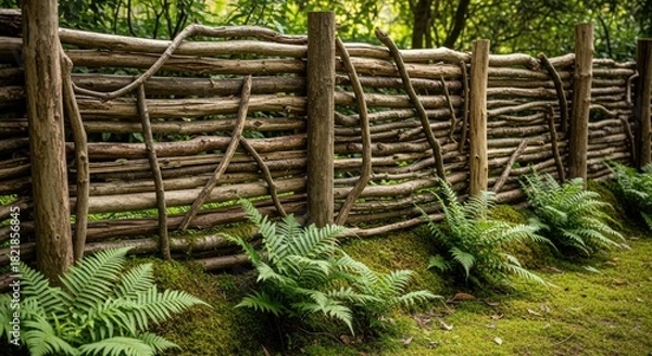 Fototapeta Woven wooden rural fence with green fern and mossy ground in a forest setting. Rustic garden partition for natural landscape.