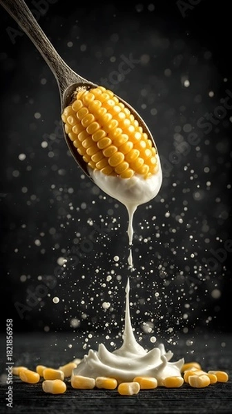 Fototapeta Corn spoon dipping into creamy vegan yogurt, showcasing a healthy and sustainable snack option for all.