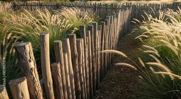 Obraz Wooden fence surrounded by tall grass creating a natural, rustic, and peaceful outdoor scene for nature-themed design elements.