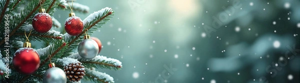 Fototapeta Snow-dusted fir branches adorned with red and white baubles and pinecones against soft green bokeh backdrop with falling snow.