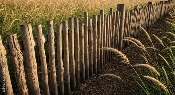 Fototapeta Wood fence line in a golden hour field. Rural landscape with long green grass and a rustic picket fence. Farm boundary in nature background.