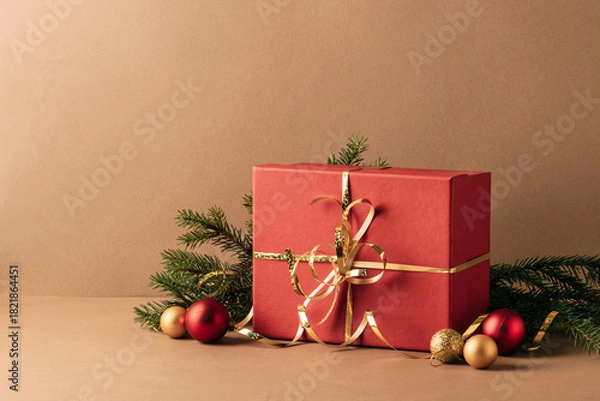 Obraz Christmas red gift, fluffy fir branches, golden sparkling streamers and Christmas tree decorations, beige minimalist background