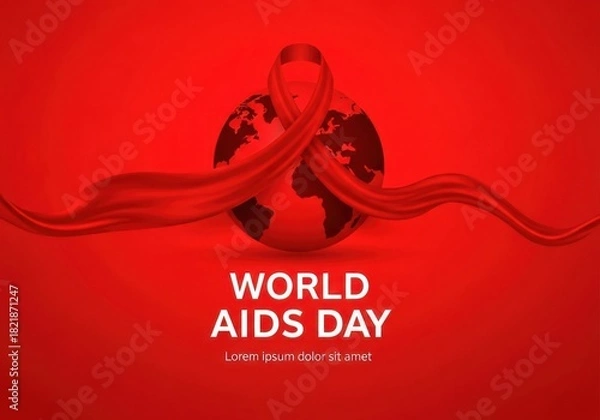 Fototapeta World aids day awareness ribbon wrapped around a globe on a red background, symbolizing global solidarity and support for those affected by hivaids