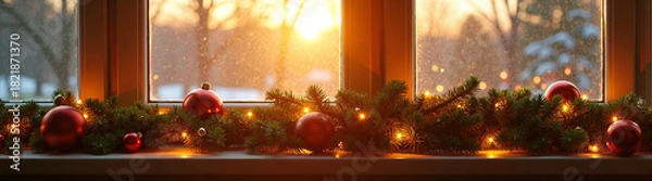 Fototapeta Golden hour sunlight filters through a frosted window onto evergreen garland with red ornaments and twinkling lights on a sill.
