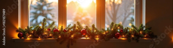 Fototapeta Golden hour sunlight filters through a frosted window onto evergreen garland with red ornaments and twinkling lights on a sill.