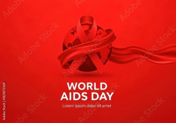 Fototapeta World aids day awareness with red ribbon wrapped around the globe on red background to commemorate the fight against aids and hiv virus