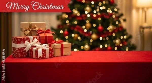 Obraz A christmas scene with presents on a red table and a blurred christmas tree in the back