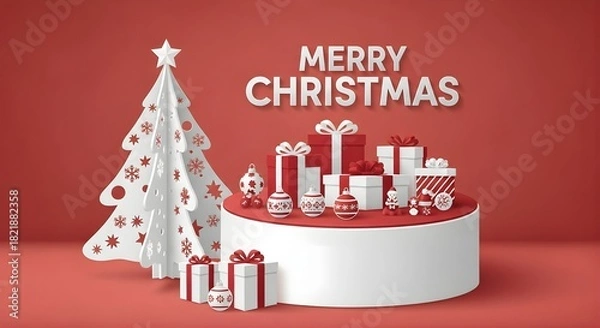 Fototapeta A christmas scene with a white paper tree gifts and ornaments on a red background