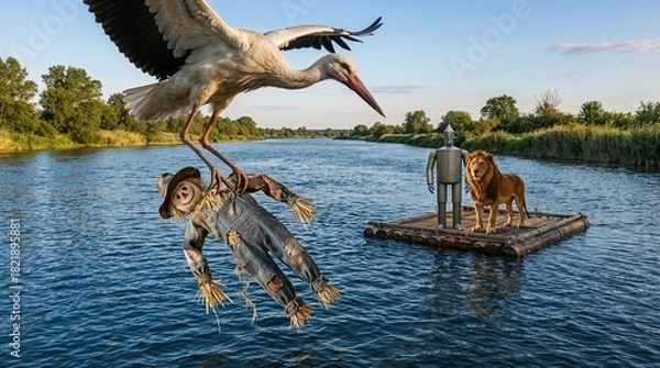 Obraz A crane with a calm mood carrying a scarecrow over a river while the Scarecrow and Tin Woodman travel on a raft in the background, illustration for The Wonderful Wizard of Oz (1900)
