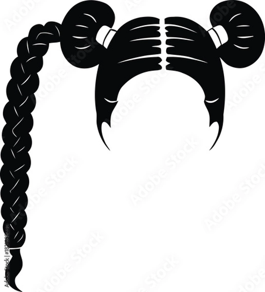 Fototapeta Stylized black silhouette vector of a distinctive female hairstyle featuring two prominent space buns and a long flowing braided pigtail graphic. isolated on transparent background, Vector