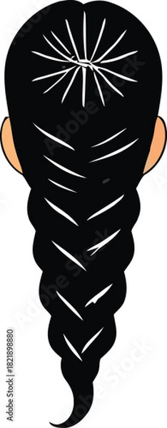 Fototapeta Woman with long black braided hair, viewed from behind in a simple graphic illustration. a classic, elegant hairstyle portrait design. isolated on transparent background, Vector