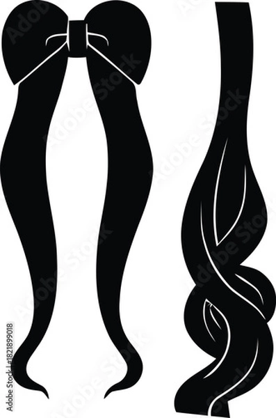 Fototapeta Stylized black silhouette vector illustration of a decorative bow with long flowing ribbons and an intricately braided hair strand on white. isolated on transparent background, Vector