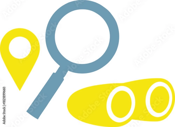 Fototapeta Essential search and discovery tools: illustrative graphic featuring a magnifying glass, a location pin, and binoculars for exploration isolated on transparent background, Vector