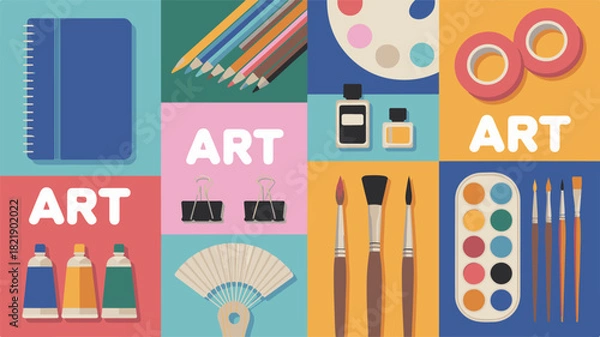 Fototapeta Art Supplies and Word Art in a Grid Layout notebook