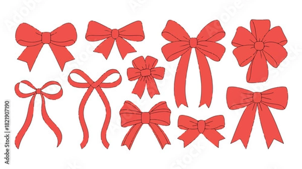 Fototapeta Collection of Red Bows on White Background ribbon gift