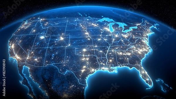Obraz A glowing map of the United States viewed from space, highlighting illuminated infrastructure networks that symbolize connection, communication and nationwide technological integration.
