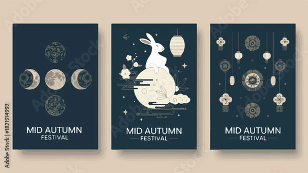 Fototapeta Mid Autumn Festival Posters with Moon Phases and Rabbit