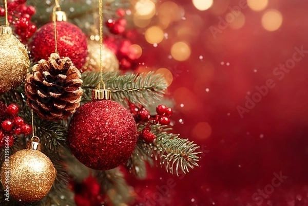 Fototapeta Luxurious Christmas composition of red and gold ornaments, pinecones, and berries on a fir branch with festive red bokeh background and copy space, symbolizing holiday greeting.