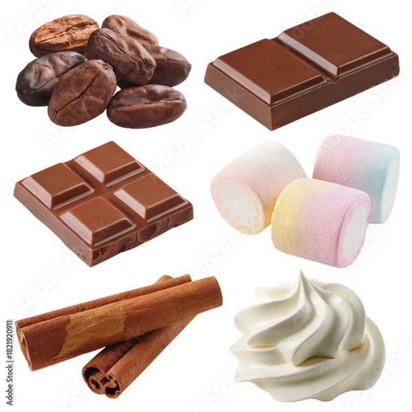 Fototapeta Assortment of sweet treats including chocolate bars cocoa beans marshmallows cinnamon sticks and whipped cream isolated on transparent background