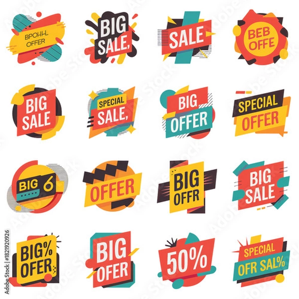 Fototapeta Collection of colorful abstract sale and offer tags with text big sale big offer special offer 50 percent off isolated on transparent background