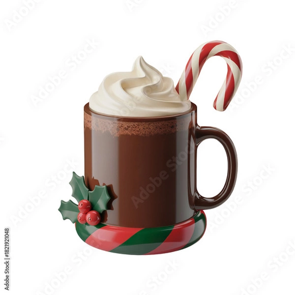 Fototapeta Festive hot chocolate in a brown mug with whipped cream and a candy cane decorated with holly and berries isolated on transparent background