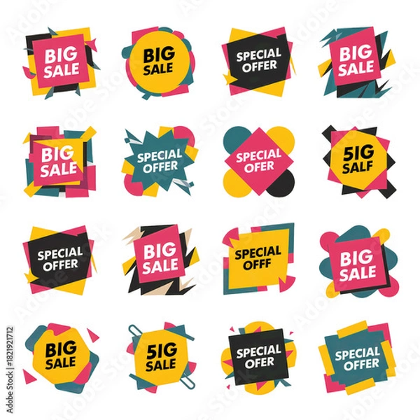 Fototapeta Collection of colorful abstract geometric sale and special offer tags with bold text isolated on transparent background